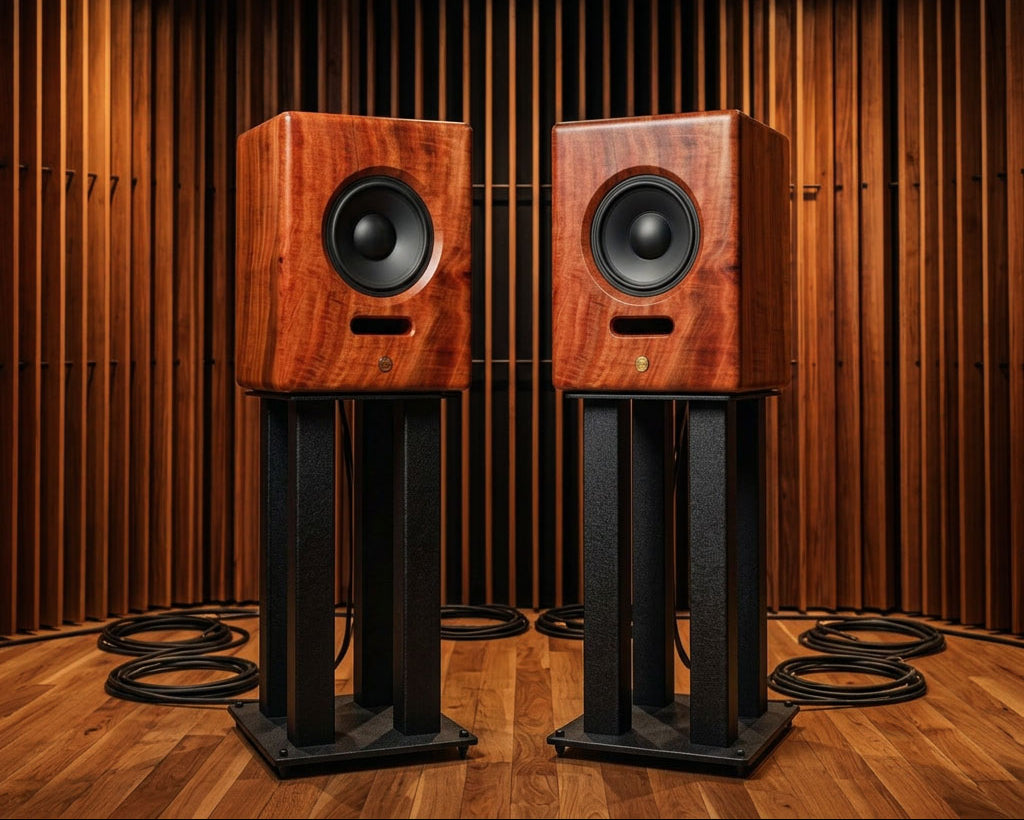 Pair of wooden speakers on stands in a room with wooden walls and ceiling.